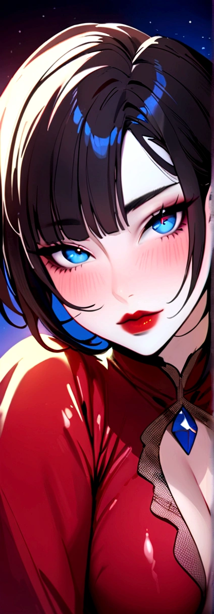 Masterpiece ,, 超A high resolution, ultra-detailliert, Beautiful European girl, A dark-haired, Short bob cut, Amazing blue eyes, de pele branca, red-lips, red blush, Gentle look, Amazing face, amazing, sitting on viewers face, seductive