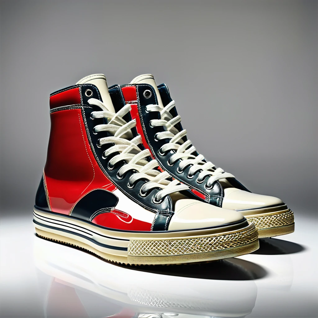 a retro shoe, product photography, close up, ultra detail, perfect symmetry, studio lightening, hyper realistic, photorealistic, no reflection, perfect details, front view, full shot