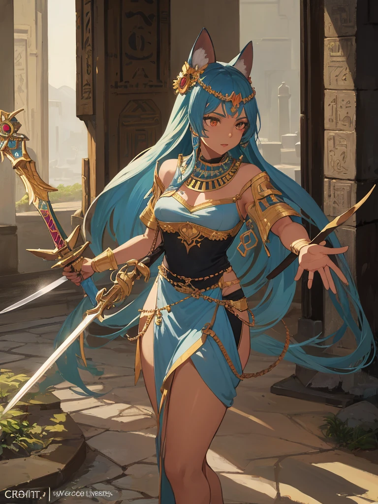 
a woman in costume with a hat and a sword, beautiful full body conceptual artwork, Egyptian cat goddess, bet, dark-skinned female goddess of love, cushart krenz arte chave feminino, Anime goddess, epic and exquisite character art, extremely detailed artegerm, d&d dark sun character art, of the trailblazer, conceptual artwork | artegerm, ancient egypt scenery 
.
