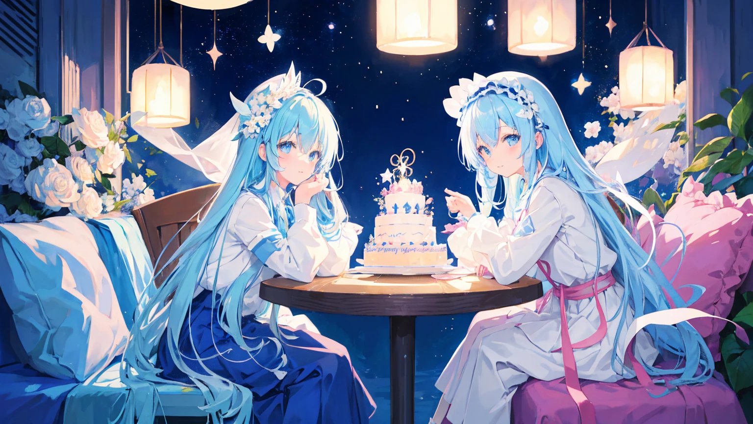 Anime Girl，light blue hair，blue eyes，White裙子，White，Flower headdress，Happy and happy，Starry sky background，（There is a birthday cake on the table in front of me），Popular topics on artstation pixiv, Digital Art on pixiv, anime art wallpaper 8 k,  Anime Art Wallpaper 4k, Anime Art Wallpaper 4K, Top rated on Pixiv, Beautiful anime artwork, Pixiv competition winner，（Multi-angle）