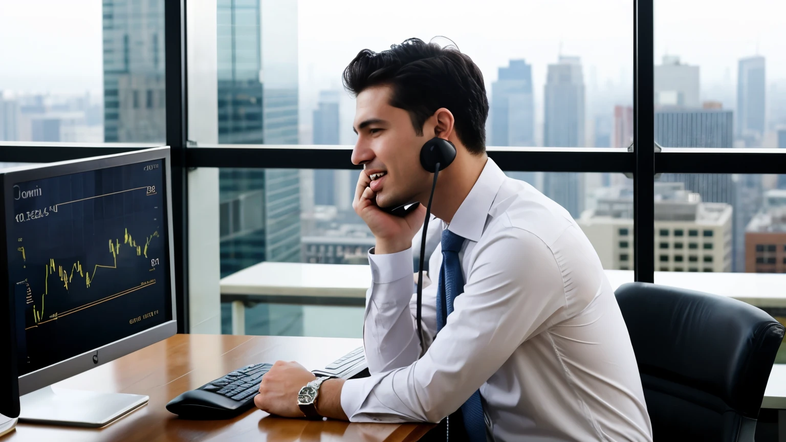 , talking emotionally on the phone where stock market quotes are visible, against the backdrop of an office on the top floor of a skyscraper