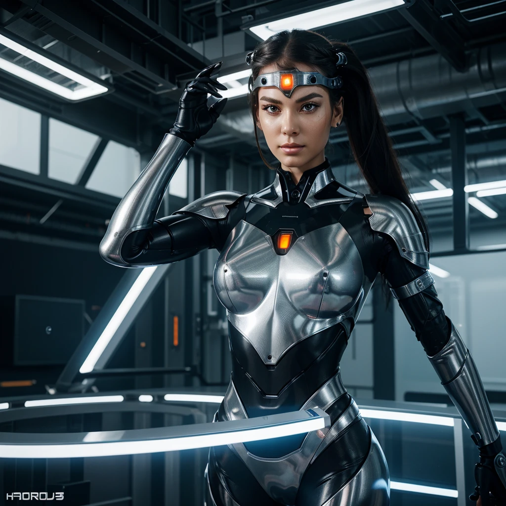 Cyborg woman with minimalistic headdress, integrated with hair.
full height, seductive and graceful figure.
Detailed face with glowing eyes.
Metal-plastic suit, armor-like, with high-tech elements.
Background: Futuristic Lab.
outside: one hand stretched forward, it&#39;s like she&#39;s controlling a hologram.