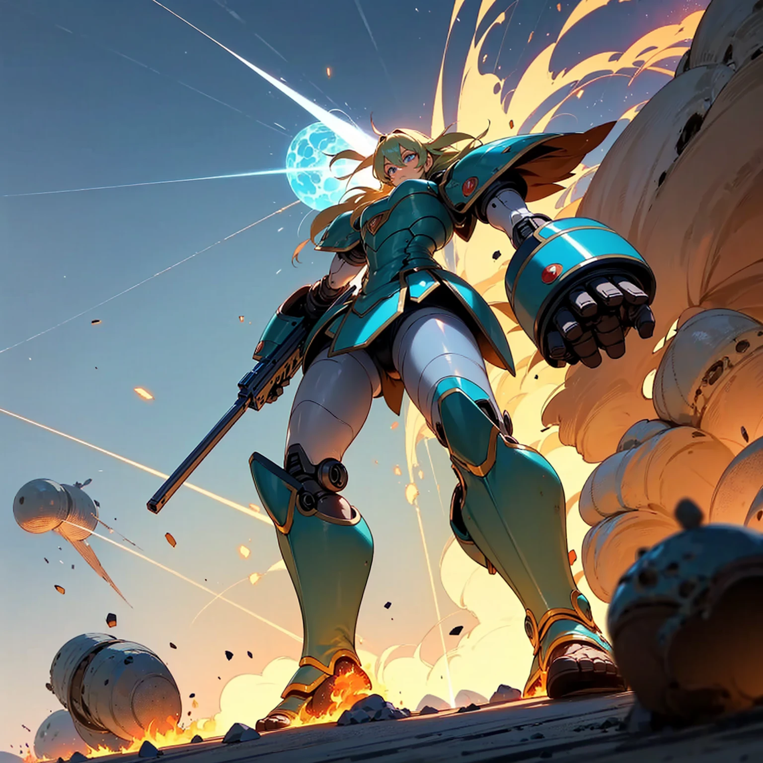1character, Full body version, Professor mixed with green Colossal Titan, mixed with blue robotic, blue eyes color, largest muscle, very long Shaggy hair, blue hair coloring, clothing robotics, metallic armor, Bazoka firearms, super saiyan, Grassroots, desert background, light silhouette, laser, bomb explosion, burning fire, pebbles, Lightning, lightning flash, smoke, morning, Red streaks in his eyes, largest weapon, ((Ordinary citizens beneath his feet, Many people look under the soles of their feet, many people look small under the soles of their feet, many people look small under the robot's big feet))
