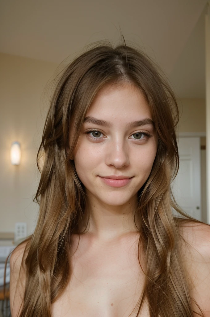 Create a picture of a twenty-year-old girl. ((Have a natural and attractive face)) (Her hair should be blonde with brown stems) (Long hair) (Her eyes are a natural light color) A charming smile on her lips and in a beautiful house with a light background. His face lit up. The girl should not look at the camera. Her image should be fully displayed (girl with light makeup) without retouching and effects. Half naked