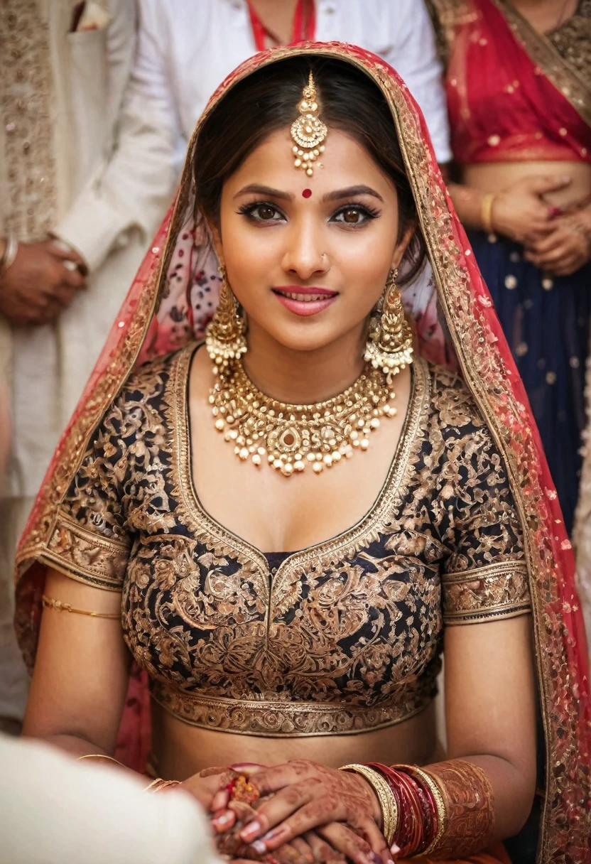 "(best quality,highres), Indian woman attending a wedding, surrounded by people, wearing elegant and stylish lehenga, confident pose, beautiful detailed eyes and lips, long eyelashes, deep neckline, visible cleavage, proud and determined expression, traditional jewellery, intricately designed henna, colourful bangles, bob cut hair, sunlight, vibrant colours, rich, majestic, intricate carvings, vibrant atmosphere soft lighting, realistic rendering, vibrant hues, high resolution, ultra-detailed, traditional Indian art style, decor, soft texture, realistic rendering, high-resolution masterpiece, bokeh background", woman's appearance is curved and attractive, (looking at groom in a sedative way), setting on front chair, eye locked on groom.