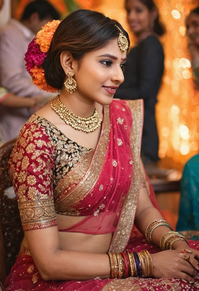 "(best quality,highres), Indian woman attending a wedding, surrounded by people, wearing elegant and stylish lehenga, confident pose, beautiful detailed eyes and lips, long eyelashes, deep neckline, visible cleavage, proud and determined expression, traditional jewellery, intricately designed henna, colourful bangles, bob cut hair, sunlight, vibrant colours, rich, majestic, intricate carvings, vibrant atmosphere soft lighting, realistic rendering, vibrant hues, high resolution, ultra-detailed, traditional Indian art style, decor, soft texture, realistic rendering, high-resolution masterpiece, bokeh background", woman's appearance is curved and attractive, (looking at groom in a sedative way), setting on front chair, eye locked on groom.