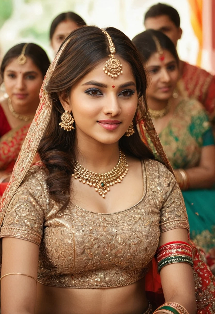"(best quality,highres), Indian woman attending a wedding, surrounded by people, wearing elegant and stylish lehenga, confident pose, beautiful detailed eyes and lips, long eyelashes, deep neckline, visible cleavage, proud and determined expression, traditional jewellery, intricately designed henna, colourful bangles, bob cut hair, sunlight, vibrant colours, rich, majestic, intricate carvings, vibrant atmosphere soft lighting, realistic rendering, vibrant hues, high resolution, ultra-detailed, traditional Indian art style, decor, soft texture, realistic rendering, high-resolution masterpiece, bokeh background", woman's appearance is curved and attractive, (looking at groom in a sedative way), setting on front chair, eye locked on groom.