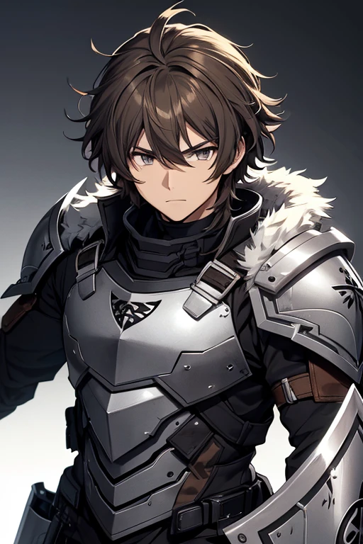 anime style male brown fluffy hair with grey and black armor with a shield and a sword
