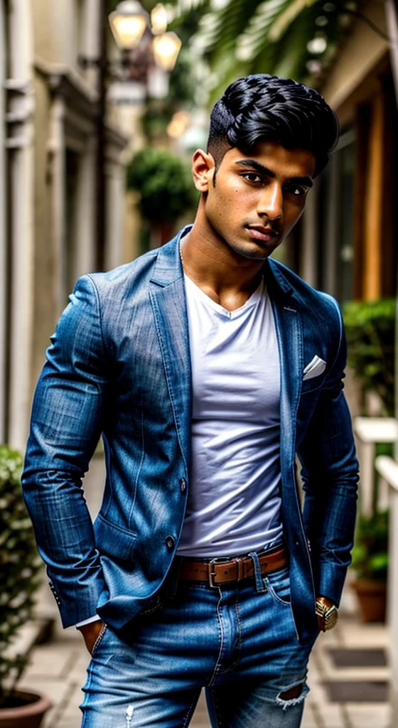 Indian, A 22 years old young boy with realistce face and body, stylish short hair cut, black hair , fitness body and muscle, olive skin tone, wearing a white shirt attached blue blazer and jeans, fucherstie baground, haily detailed pictures, HDR ,rew image.