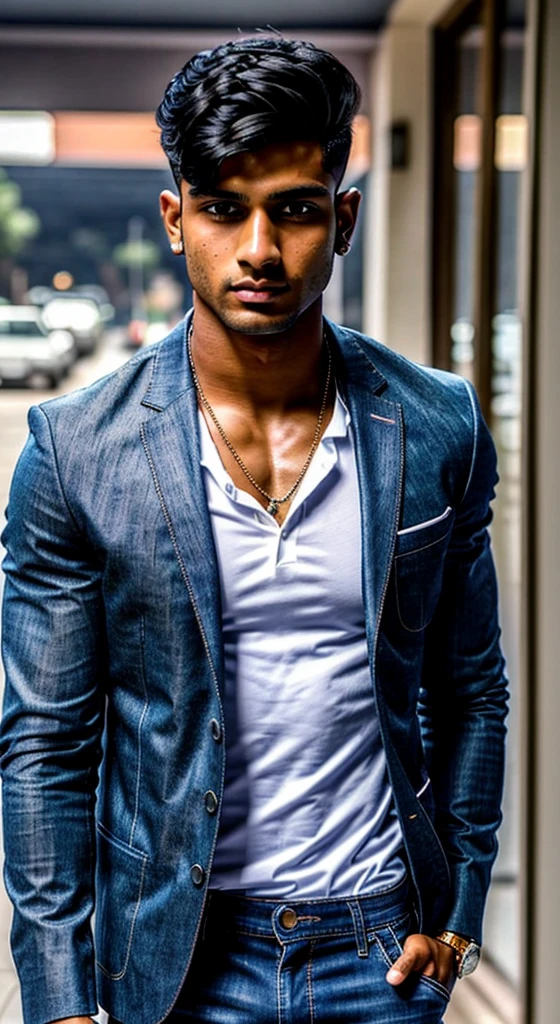 Indian, A 22 years old young boy with realistce face and body, stylish short hair cut, black hair , fitness body and muscle, olive skin tone, wearing a white shirt attached blue blazer and jeans, fucherstie baground, haily detailed pictures, HDR ,rew image.