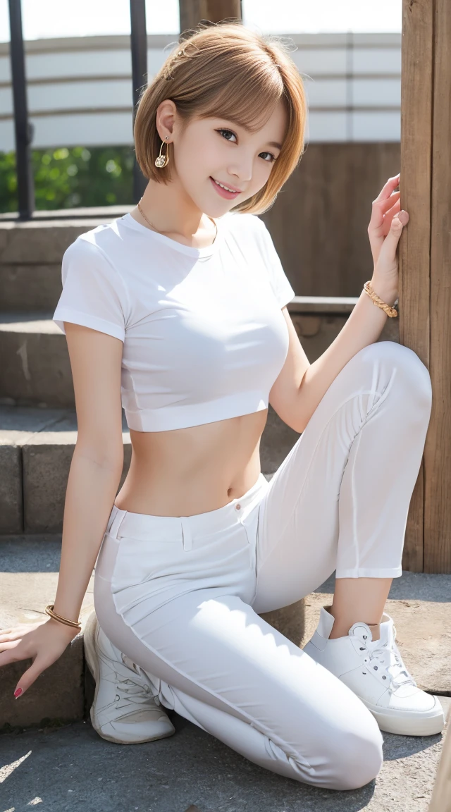 flying debris、Highest quality、An illustration、Highest quality、Understood、High resolution、8k wallpaper、Perfect dynamic composition、(((Ezvian Everywhere)))、((From below))、Beautiful and cute 20 year old girl、Beautiful face in every detail、Delicate and cute eyes、Fine skin、Red cheeks.、shy、(Semi-short hair:1.3)、(wavy blonde hair)、Small breasts、Bold sexy pose、smile、Small breasts、Between the legs、Small Ass、Thin ass、Generated on the eaves.、Narrow shoulders、wavy blonde hair、blonde、Heart-shaped earrings、smile、、Gold Bracelets、Tie your hair back、White T-shirt、Loose fitting white harem pants、Baggy pants、Combat Boots、Army Boots、Standing posture showing the whole body、at the park、Belly Show、Navel exposed、No bra、I can see my nipples are erect、