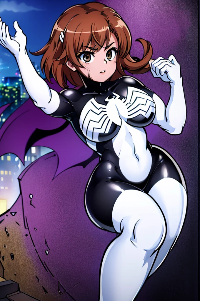 hyper detailed, ultra quality, super high res, professional anime style, best quality, ultra-detailed masterpiece, absurdres, beautiful detailed eyes, beautiful detailed lips, Room, hanging in mid air, perched on the wall, high above the floor, in wall crawling stance, spider man crouch, her fingers and toes gripping the surface effortlessly as she defied gravity. hooded bodysuit, spiderwoman , black bodysuit, sleek form-fitting black symbiote Spider-Woman suit, with a white spider emblem in her chest, long shoulder long white gloves and long thigh high white boots, head fully covered by black domino mask with big white eye lenses cover our eyes lenses with white visible one way see through patches fully covering our face as to not be recognized, her hair free out of the mask, beautiful eyes ,spiderwoman , black bodysuit,Misaka Mikoto/Sisters/Last Order, short medium length hair, brown hair, brown eyes, railgun, electromaster, beautiful eyes, beautiful lips, thin body, petite frame, small chest