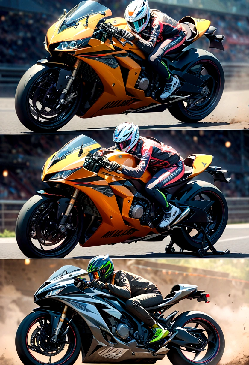 (best quality,8k,highres, masterpiece:1.2), ultra-detailed, HDR, UHD, studio lighting, ultra-fine painting, sharp focus, physically-based rendering, extreme detail description, professional, vivid colors, bokeh, portraits, concept artists, warm color palette, dramatic lighting,Circuit track, running bike, racer riding motorcycle, concentration line, auto racing,Dirt smoke