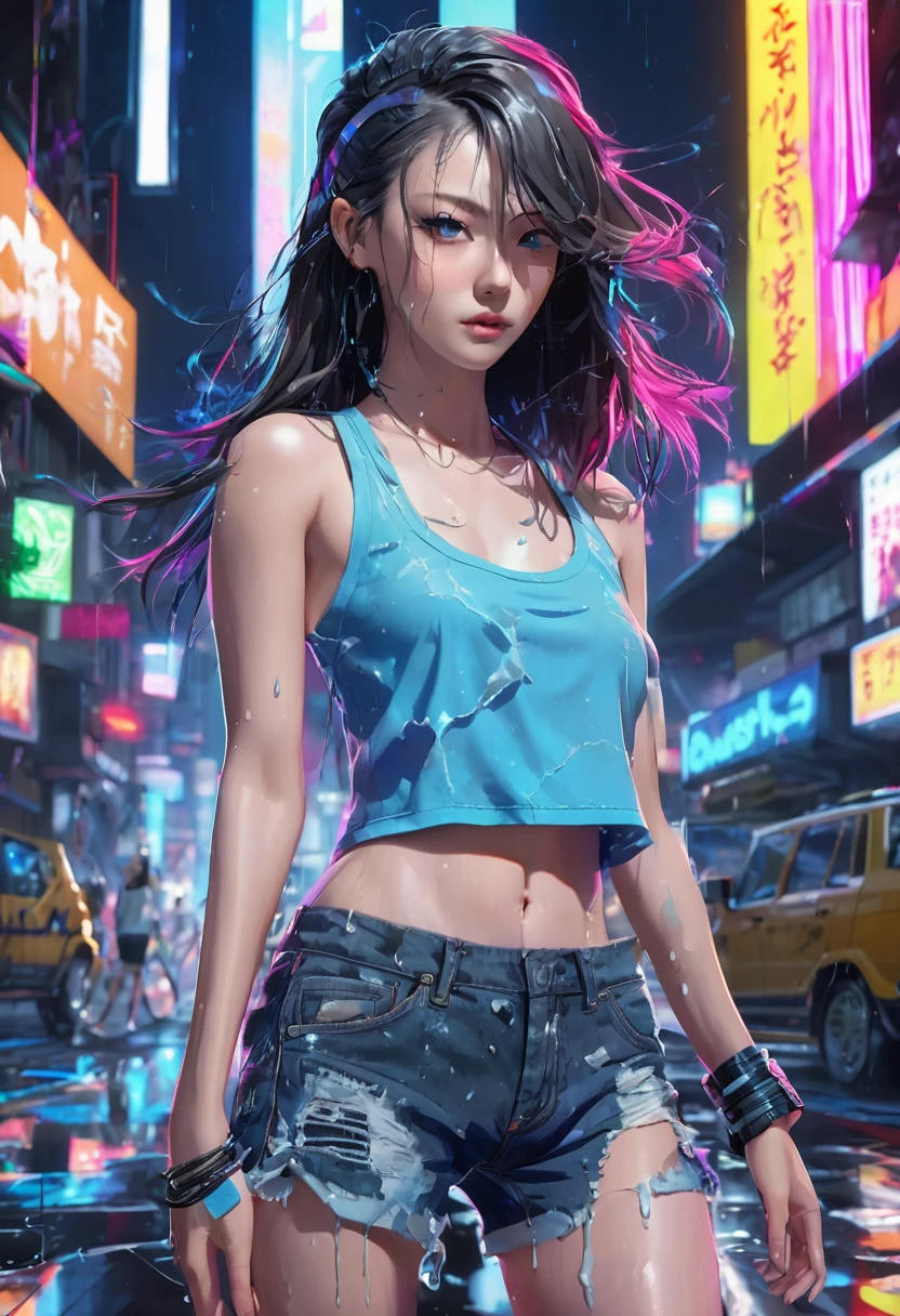 16K, High resolution, RTTX10.0, Ray Tracing, Natural light, Absurd, Top quality masterpiece, Perfect anatomy and highly detailed face, fine grain, Beautiful Hair, so beautiful, Edgy, Nice, Evil Aura, the wind is strong, Glowing Eyes, dystopian city, Futuristic, Detailed Background, Awards, Neon Light, It was a hot topic on Art Station., , Sweat is splashing, (((Torn black tank top))), (((Torn blue shorts))), 自然A pose, Intense movement, color々A pose, (((dj))), Concentrated on the music