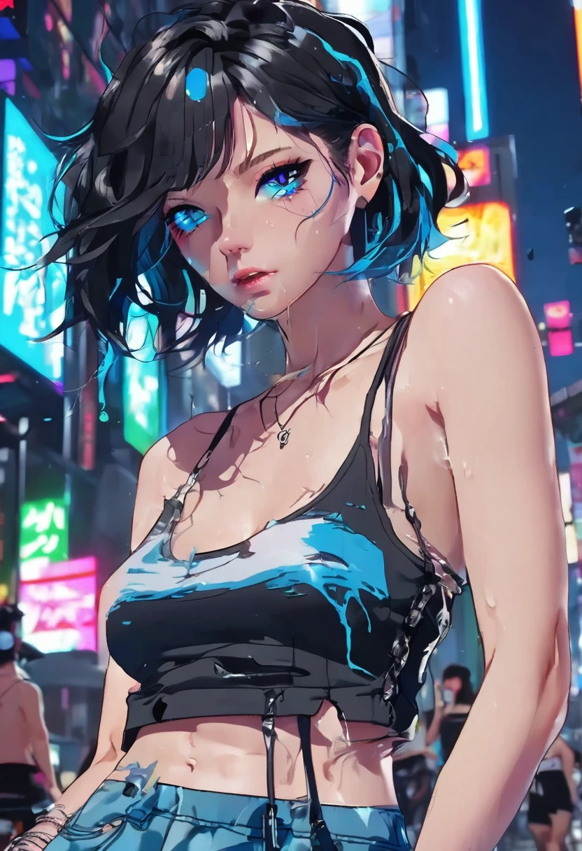 16K, High resolution, RTTX10.0, Ray Tracing, Natural light, Absurd, Top quality masterpiece, Perfect anatomy and highly detailed face, fine grain, Beautiful Hair, so beautiful, Edgy, Nice, Evil Aura, the wind is strong, Glowing Eyes, dystopian city, Futuristic, Detailed Background, Awards, Neon Light, It was a hot topic on Art Station., Climax, Sweat is splashing, (((Torn black tank top))), (((Torn blue shorts))), 自然A pose, Intense movement, color々A pose, (((dj))), Concentrated on the music