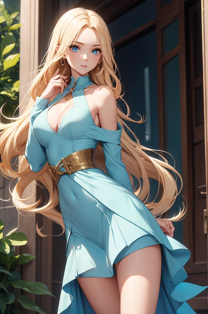 Emma has a youthful and elegant appearance, with bright golden hair that falls in soft waves to the middle of her back. His blue eyes shine with curiosity and energy.. She has a slender figure with large, youthful breasts., a thin waist, shapely hips and a big, toned butt that complements her figure. She is wearing a sky blue elven tunic with a delicate neckline and a tight mini skirt that shows off her slender legs.. Her accessories include simple but elegant jewelry., highlighting his youth and connection with nature.