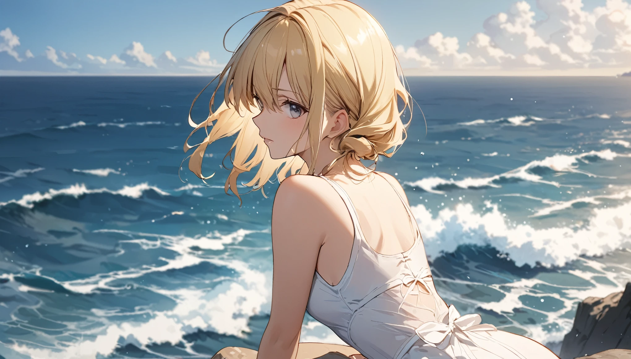 (Highest quality), One girl,Blonde,one piece,Gazing at the Sea
