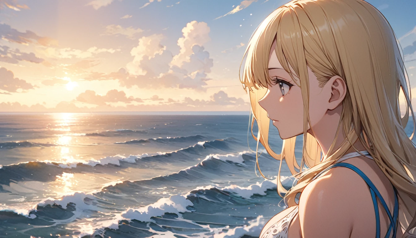 (Highest quality), One girl,Blonde,one piece,Gazing at the Sea