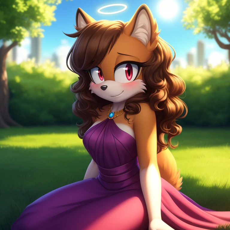 mobian, hedgehog, medium breasts, two-tone fur ((orange fur, brown fur)), dress, she is out in the open at a rose garden, seated on the grass like a princess, two-tone hair (brown hair, black tip)), curly hair, halo, jewelry, red eyes, longeyelashes, red eyes, smile, blush, shy, high detail, masterpiece, UHD, anatomically correct, super detail, highres, 4K