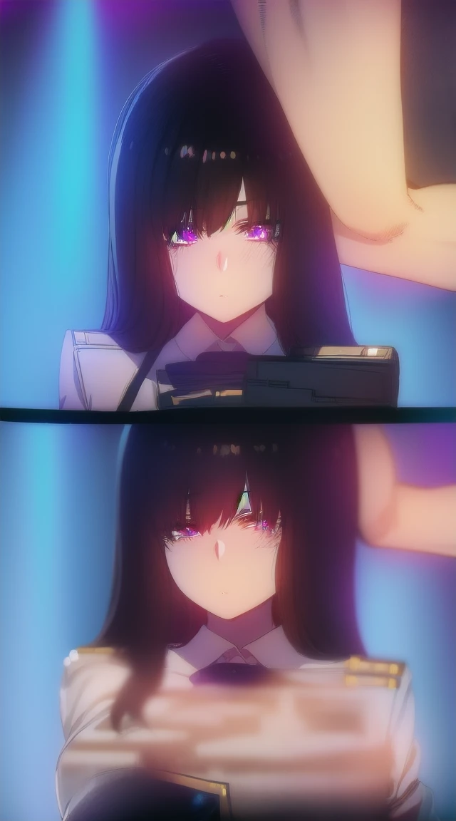 1girl,((black hair))
BREAK ((inoue takina, long hair, bangs, black hair, (purple eyes:1.2),crop top, white socks, shirt, long sleeves, dress, ribbon, , white shirt, collared shirt, belt, neck ribbon, blue dress, green ribbon, pleated dress, grey dress, two-tone dress, blue belt, lycoris uniform,:1))
BREAK ((blank eyes, mind control,:1.4))
BREAK indoors,
BREAK looking at viewer,
BREAK (masterpiece:1.2), best quality, high resolution, unity 8k wallpaper, (illustration:0.8), (beautiful detailed eyes:1.6), extremely detailed face, perfect lighting, extremely detailed CG, (perfect hands, perfect anatomy),
