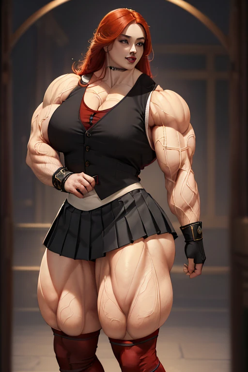 ((((Massive beautiful, buff, bulky, pale white skinned muscular asian woman with red hair, black lipstick, ginormous bulky muscles and wearing a red shirt and a beautiful royal long pleated skirt with pantyhose)))), (close view), vascular, massive muscle, massive biceps, hyper muscle shoulders, vascular shoulders, hyper muscle triceps, (long hair), yellow eyes, fingerless gloves, (((beautiful black vest))), ((royal long pleated skirt)), (high heel boots), sensual smile, (in a jellyfish forest), at evening, Vascular arms, hyper vascular arm, hyper muscles arms, hyper muscle legs, (massive arms)