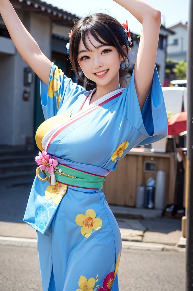 A beautiful smiling woman in a kimono greets people with a cheerful "Good morning" as she dances with her arms open under the blue sky