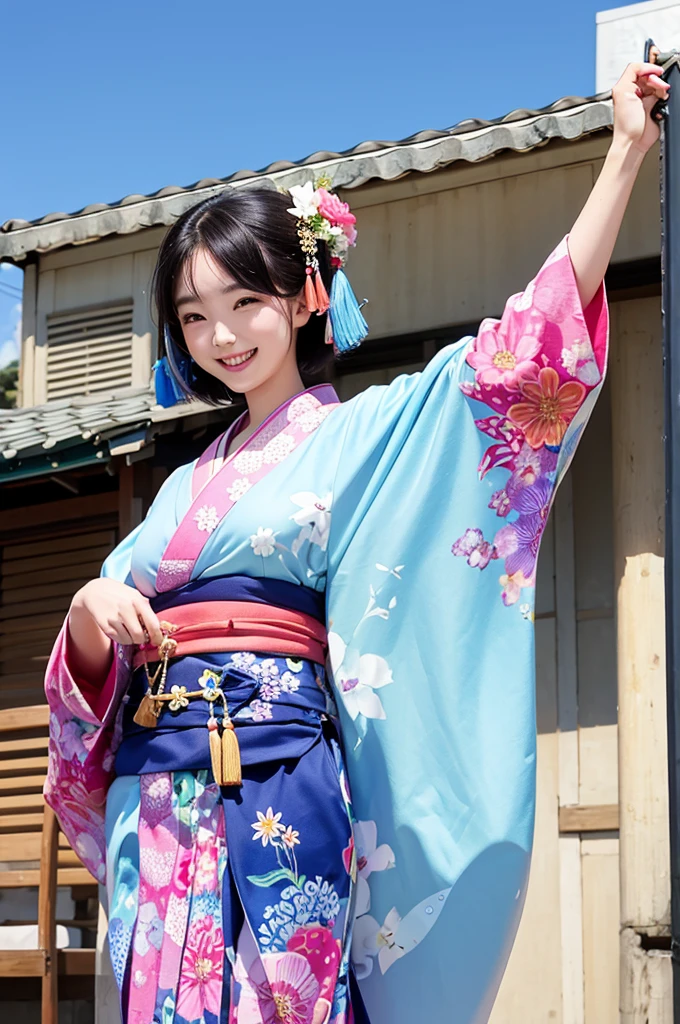 A beautiful smiling woman in a kimono greets people with a cheerful "Good morning" as she dances with her arms open under the blue sky