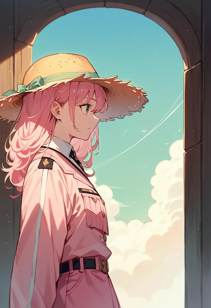 anime,Profile of a girl,Pink clothes,Pink straw hat,Pink Hair,Ultra HD, high quality, Very detailed, Official Art, Uniform 8k wallpaper, Super detailed, 32k