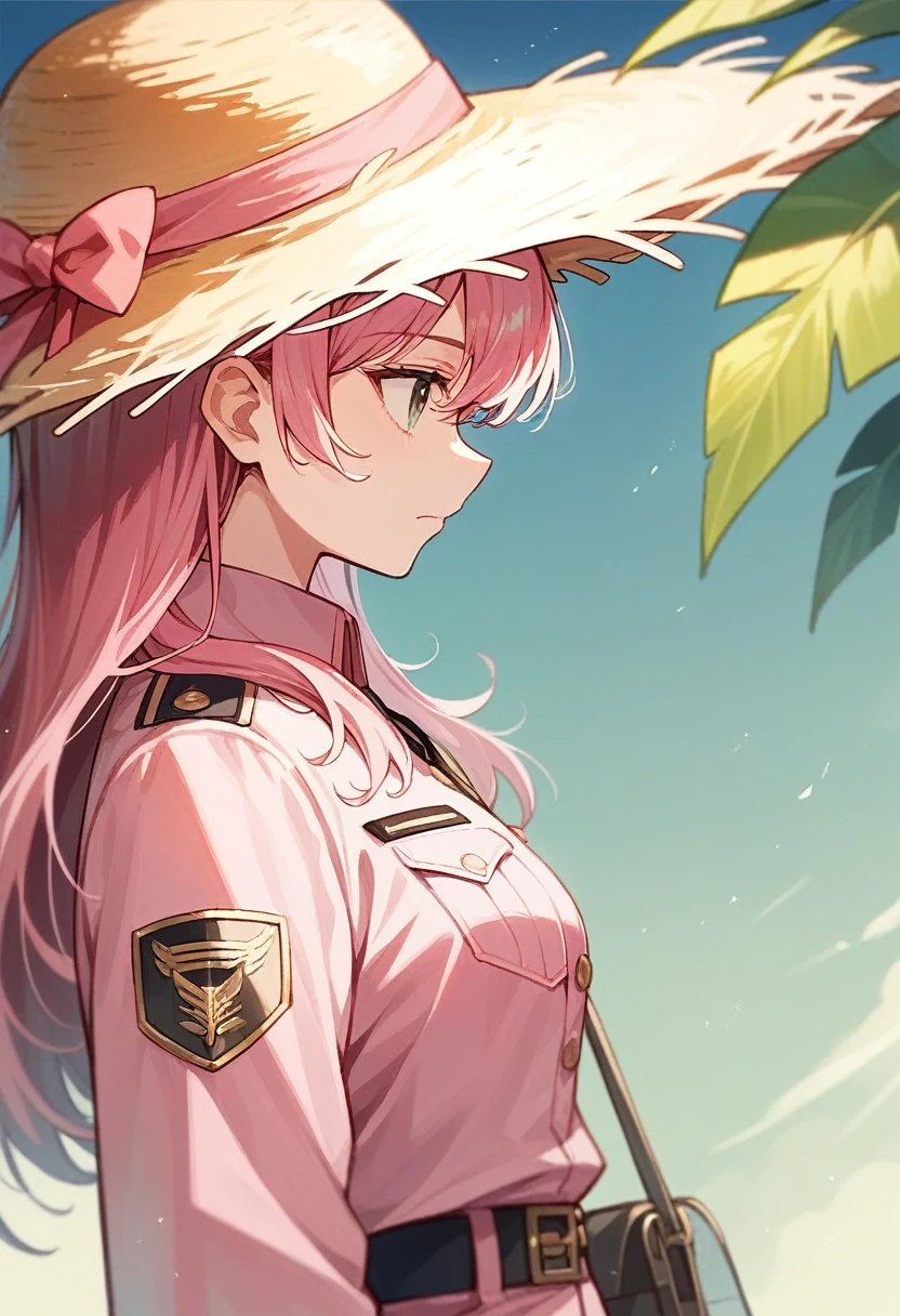 anime,Profile of a girl,Pink clothes,Pink straw hat,Pink Hair,Ultra HD, high quality, Very detailed, Official Art, Uniform 8k wallpaper, Super detailed, 32k