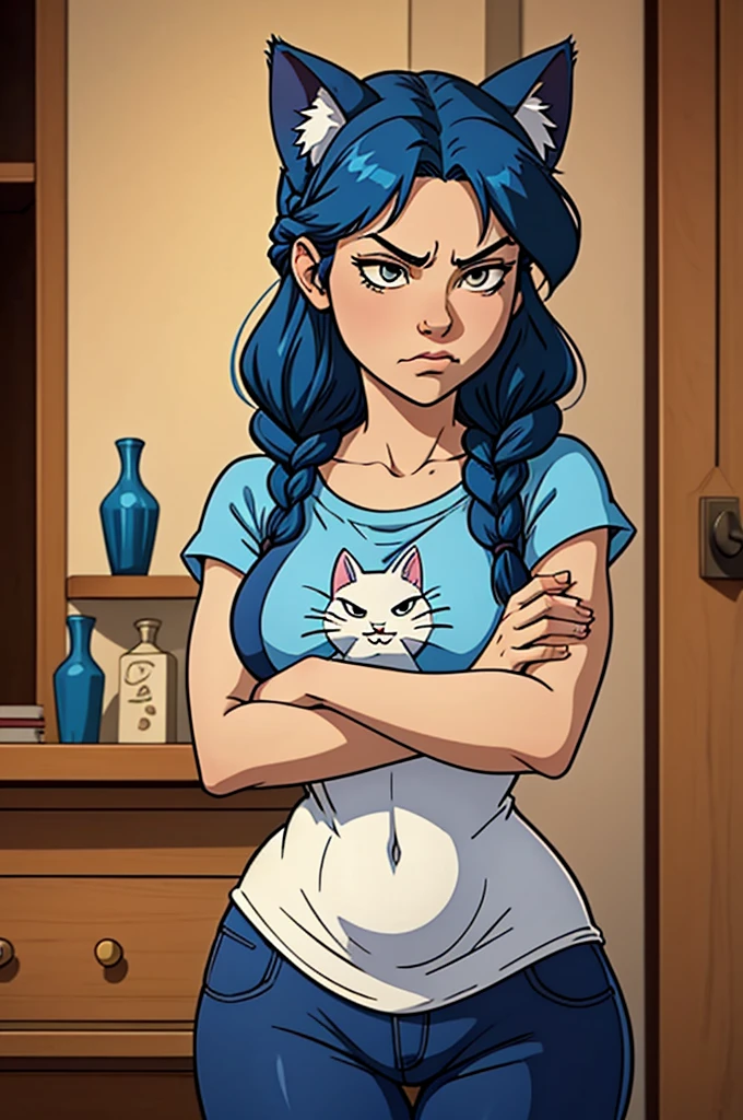 1 female,  cat girl, , oversized t-shirt, arms crossed under breast, no bottoms, hourglass figure, white eyes, french braid, blue hair, annoyed, cat ears, rococo style, Ghibli-like colours, in an apartment, best quality
