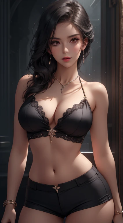 A sexy woman, beautifull detailed face, long eyelashes, Detailed lips, detailedeyes, soft skin, neckleace, wearing a sexy sleeveless crop top and sexy tight shorts, Jumpy, fashionable, moderno, posh, Rico, great, appealing, photorrealistic, 8K, hyper detailled, highy detailed, work of art, cinematic lighting, dramatic lighting, chiaroscuro lighting, jewerly, body chains