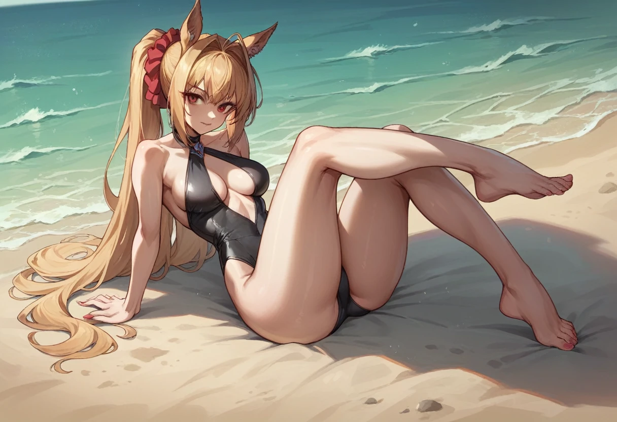 anime, sexy, Girl, Horse Girl, Daiwa Scarlet, Black Swimsuit, M-shaped legs, Sandy Beach, Ocean,