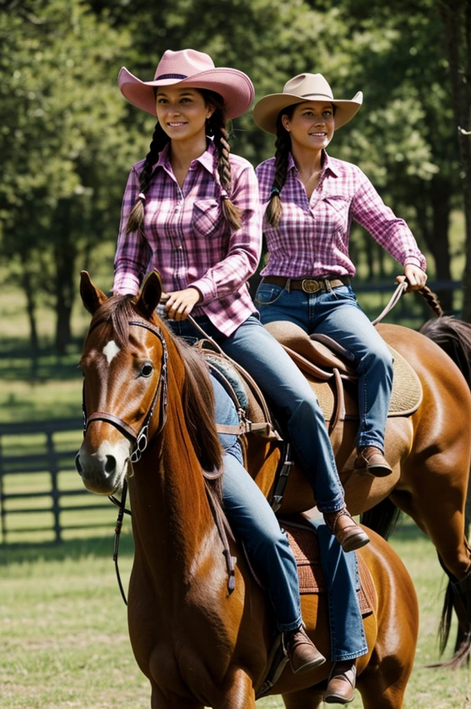 A woman with long hair in two braids rides a horse in a pink plaid shirt, jeans and a brown hat.