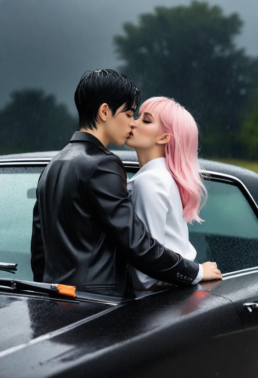 Masterpiece, Best Quality, Super detailed, illustartion, beautiful detail eyes, close up, with a boy and a girl. It was pink hair, White pleated shirt, cracked button on the chest, Upskirt. The boy has black hair, black catsuit, Black pants. Boys and girls kissing in the car, Severe rainy weather