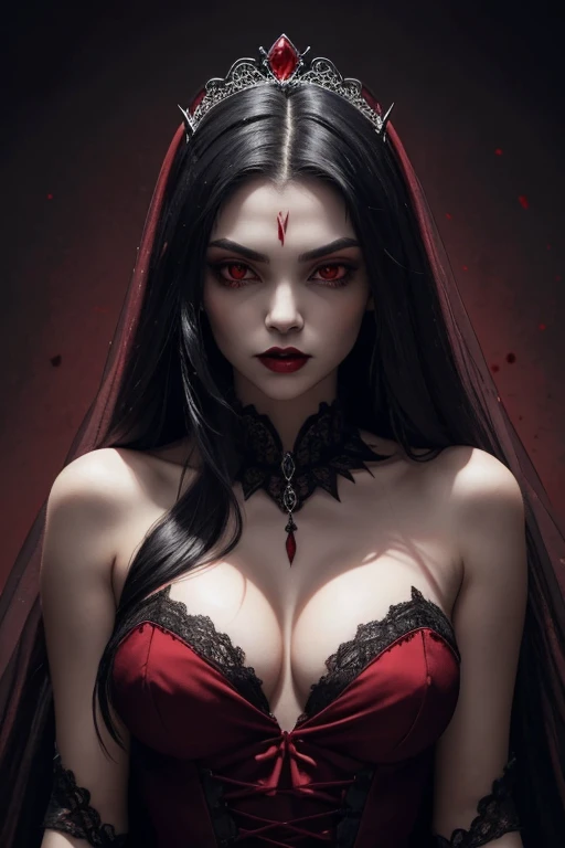 8K,(sharp focus：1.1） vampire queen,（(His mouth was covered in blood)）， Blood Drop， Blood stained hair， Tiara Rubi， lace-trimmed dress， The neckline is seductive， gazing， dark eyeshadow， intensity， fanaticism， 8K， high qualiy， details Intricate， decote em close， eerie glowing red eyes，Can you see the vampire&#39;they are big prey,Emphasizes the neckline,Manicの笑顔の口から吸血鬼の牙,超High resolution,super realistic skin,Manic,bright red mohawk hair,