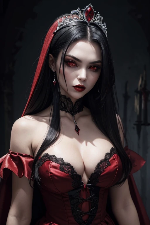 8K,(sharp focus:1.1) vampire queen,((His mouth was covered in blood)), Blood Drop, Blood stained hair, Tiara Rubi, lace-trimmed dress, The neckline is seductive, gazing, dark eyeshadow, intensity, fanaticism, 8K, high qualiy, details Intricate, decote em close, eerie glowing red eyes,Can you see the vampire'they are big prey,Emphasizes the neckline,Manicの笑顔の口から吸血鬼の牙,超High resolution,super realistic skin,Manic,bright red mohawk hair,