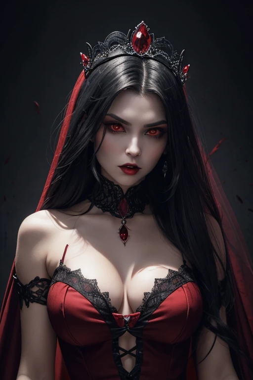 8K,(sharp focus:1.1) vampire queen,((His mouth was covered in blood)), Blood Drop, Blood stained hair, Tiara Rubi, lace-trimmed dress, The neckline is seductive, gazing, dark eyeshadow, intensity, fanaticism, 8K, high qualiy, details Intricate, decote em close, eerie glowing red eyes,Can you see the vampire'they are big prey,Emphasizes the neckline,Manicの笑顔の口から吸血鬼の牙,超High resolution,super realistic skin,Manic,bright red mohawk hair,