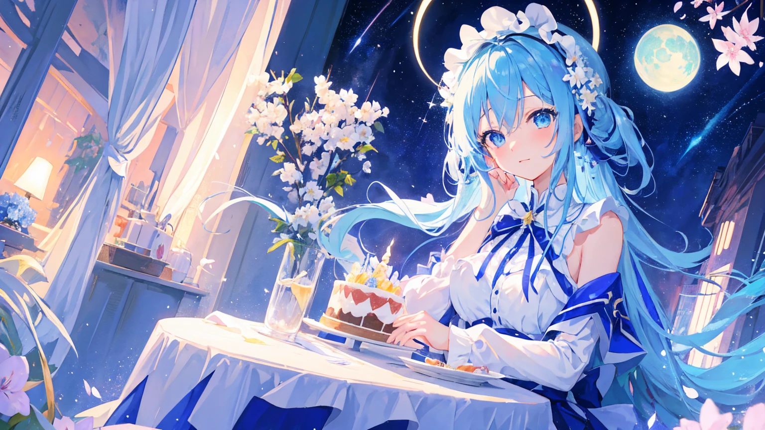 Anime Girl，（A girl），light blue hair，blue eyes，White裙子，White，Flower headdress，Happy and happy，Starry sky background，（There is a birthday cake on the table in front of me），Popular topics on artstation pixiv, Digital Art on pixiv, anime art wallpaper 8 k,  Anime Art Wallpaper 4k, Anime Art Wallpaper 4K, Top rated on Pixiv, Beautiful anime artwork, Pixiv competition winner，（Multi-angle）