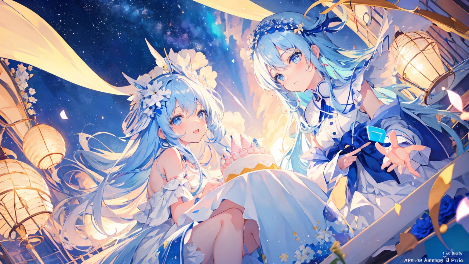 Anime Girl,(A girl),light blue hair,blue eyes,White裙子,White,Flower headdress,Happy and happy,Starry sky background,(There is a birthday cake on the table in front of me),Popular topics on artstation pixiv, Digital Art on pixiv, anime art wallpaper 8 k, Anime Art Wallpaper 4k, Anime Art Wallpaper 4K, Top rated on Pixiv, Beautiful anime artwork, Pixiv competition winner,(Multi-angle)