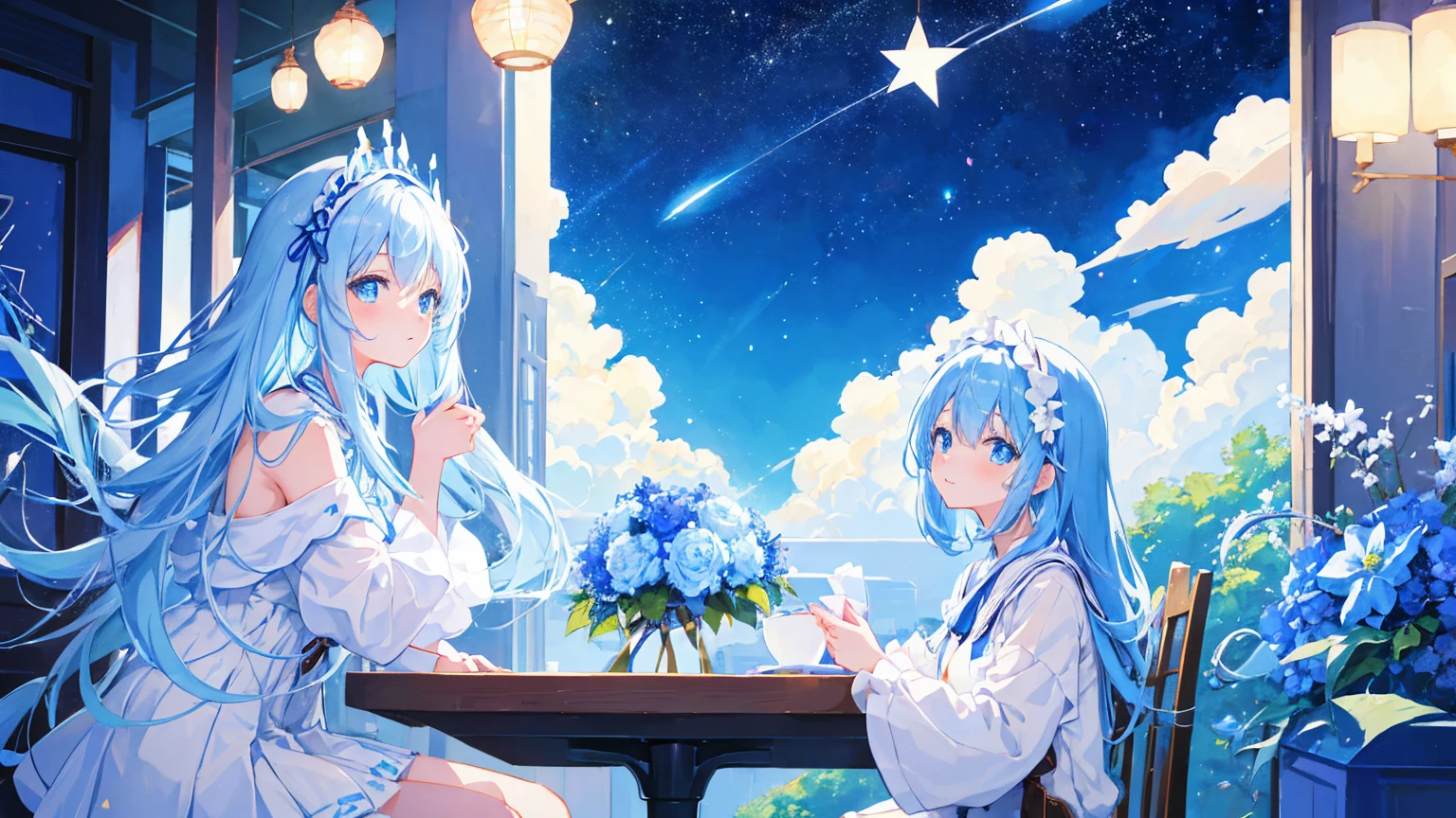 Anime Girl,(A girl),light blue hair,blue eyes,White裙子,White,Flower headdress,Happy and happy,Starry sky background,(There is a birthday cake on the table in front of me),Popular topics on artstation pixiv, Digital Art on pixiv, anime art wallpaper 8 k, Anime Art Wallpaper 4k, Anime Art Wallpaper 4K, Top rated on Pixiv, Beautiful anime artwork, Pixiv competition winner,(Multi-angle)