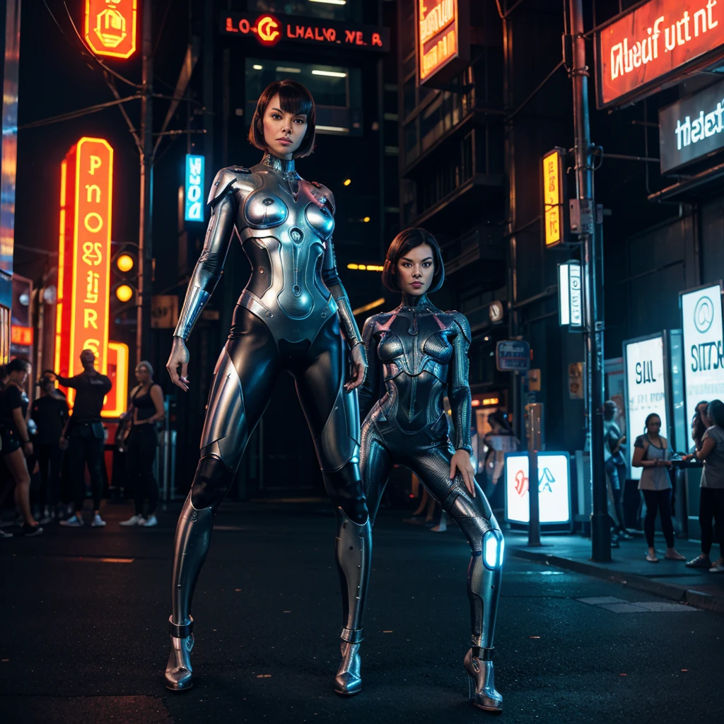 Cyborg woman without headdress, with short metallic hair.
full height, athletic and seductive figure.
Detailed face with high cheekbones and glowing eyes.
Flexible metal suit, resembling a second layer of skin.
Background: futuristic market or street with many people and neon signs.
outside: relaxed, one leg in front, Hands on hips.