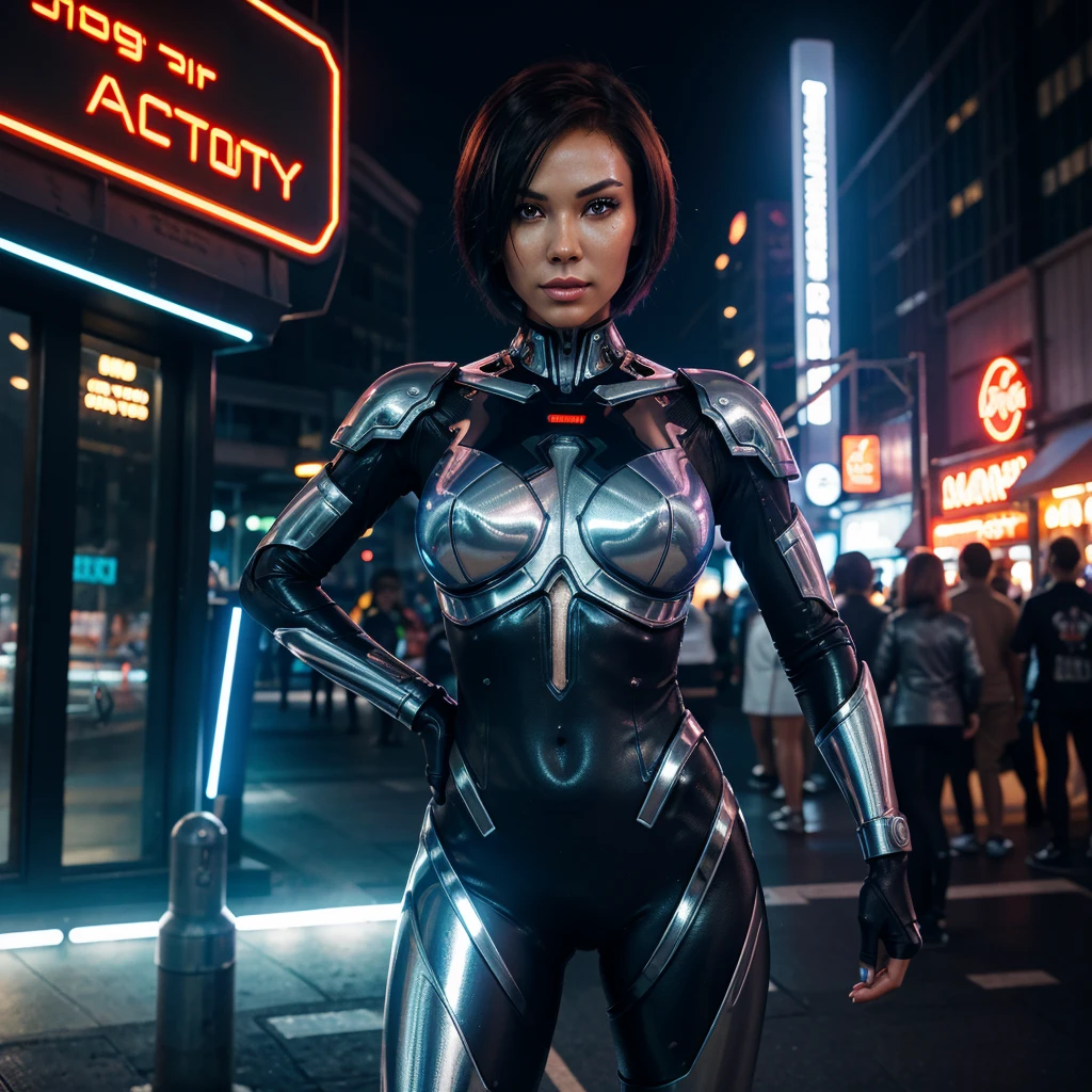 Cyborg woman without headdress, with short metallic hair.
full height, athletic and seductive figure.
Detailed face with high cheekbones and glowing eyes.
Flexible metal suit, resembling a second layer of skin.
Background: futuristic market or street with many people and neon signs.
outside: relaxed, one leg in front, Hands on hips.