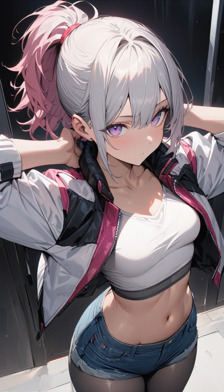 a handsome girl, solo,
gray hair, pony tail, gray eyes,(bright eyes:1.2), cyber punk purple jacket, white tank top, goggles on head, [navel], off shoulder, open jacket, black shorts, garter rings, expressionless, blurry background, perfect lighting, 
perfect angle, masterpiece, best quality, extremely detailed face,