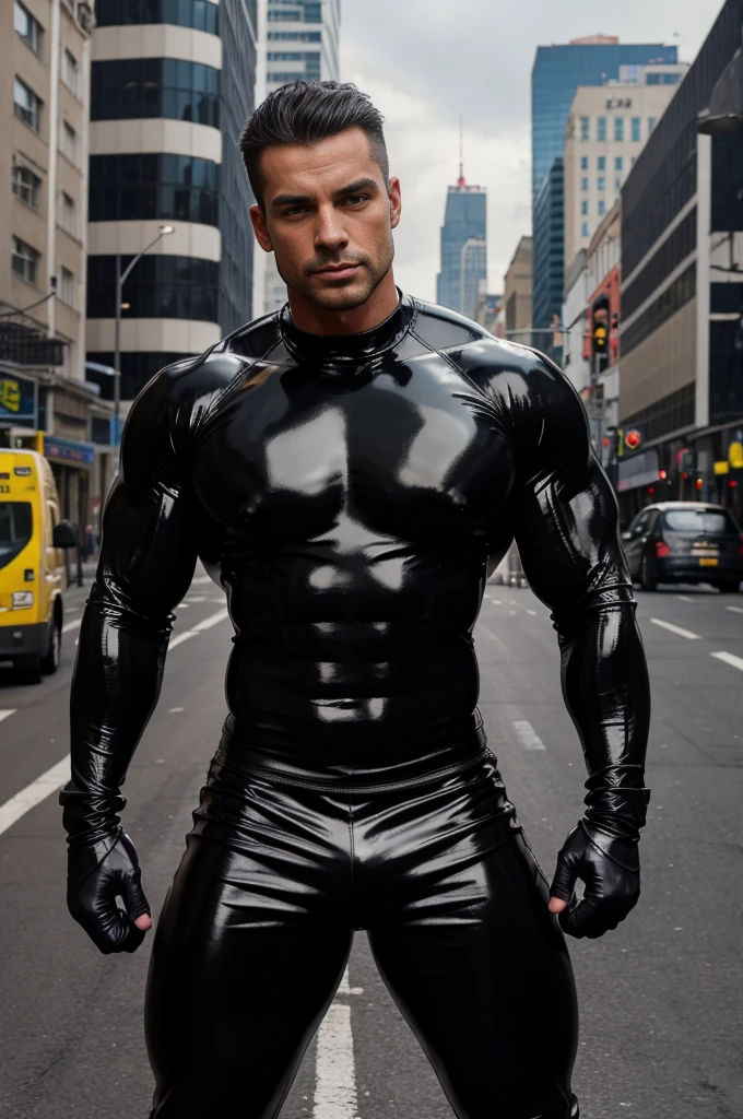 Guy wearing tight black shiny rubber from head to toe,standing in middle of city,big biceps,muscular poss,wearing black leather pants,muscular body,abdominal muscles,nipples,chest,wearing black rubber gloves