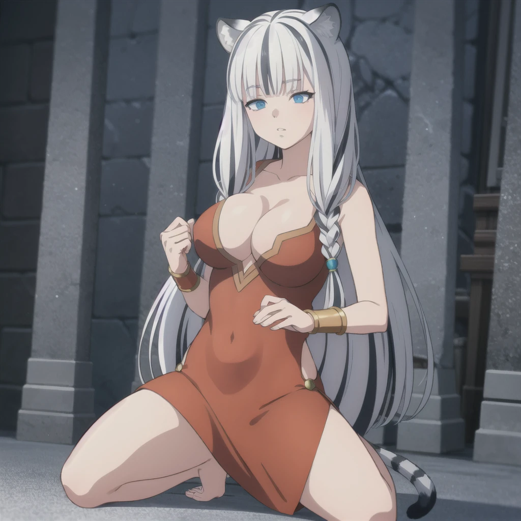 masterpiece, best quality, highly detailed, Atla Fayon, big breasts, holding breasts, heavy breasts, full body art.  1girl, solo, long hair, tiger ears, [:tiger tail under:0.2], white hair, two-tone hair, low twin braids, twin braids, hair ornament, bracelet.