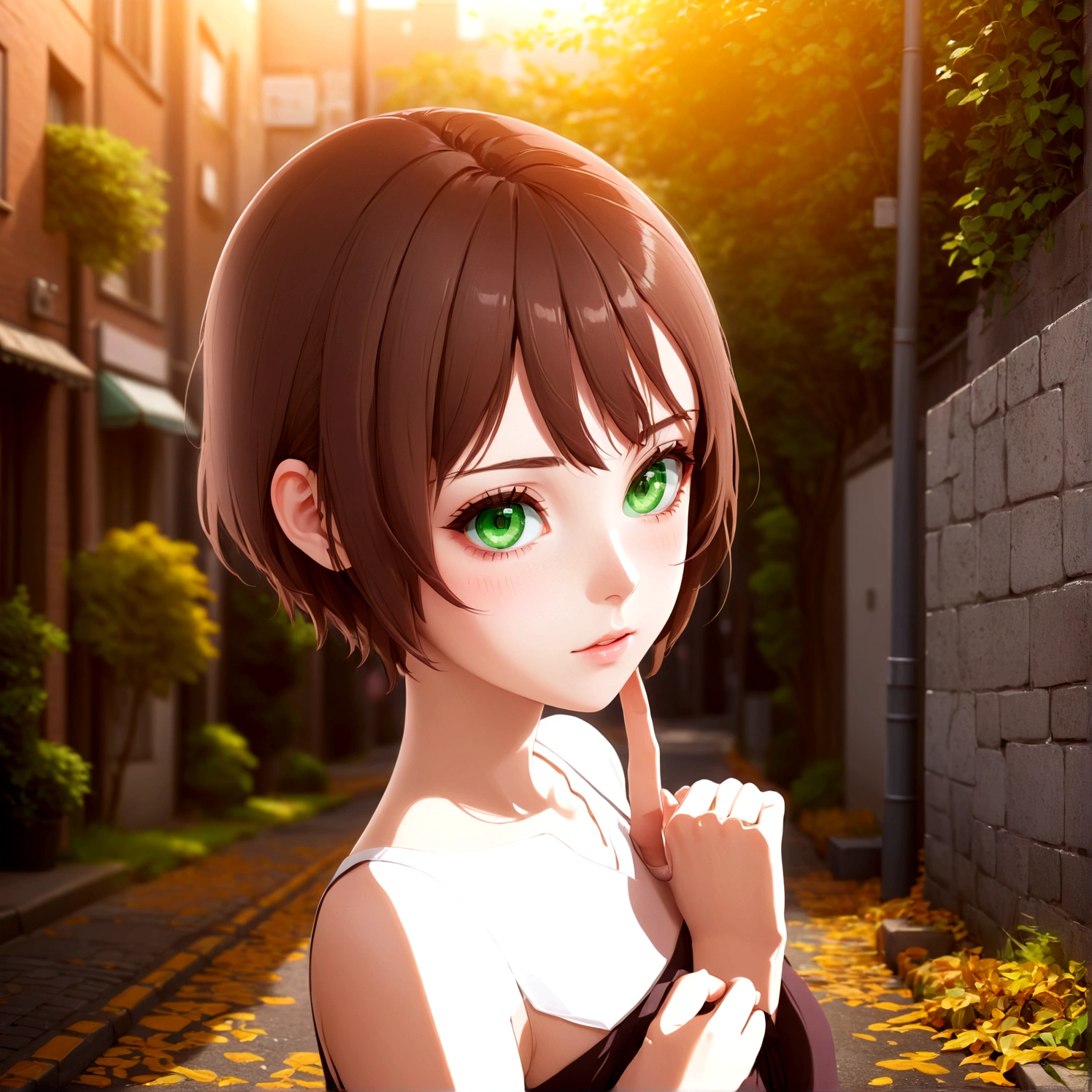 anime girl with brown hair and green eyes standing on a street, realistic anime 3 d style, smooth anime cg art, made with anime painter studio, anime style. 8K, anime. Soft lighting, anime styled 3d, semirealistic anime style, photorealistic anime girl render, painted in anime painter studio, realistic young anime girl, semi realistic anime