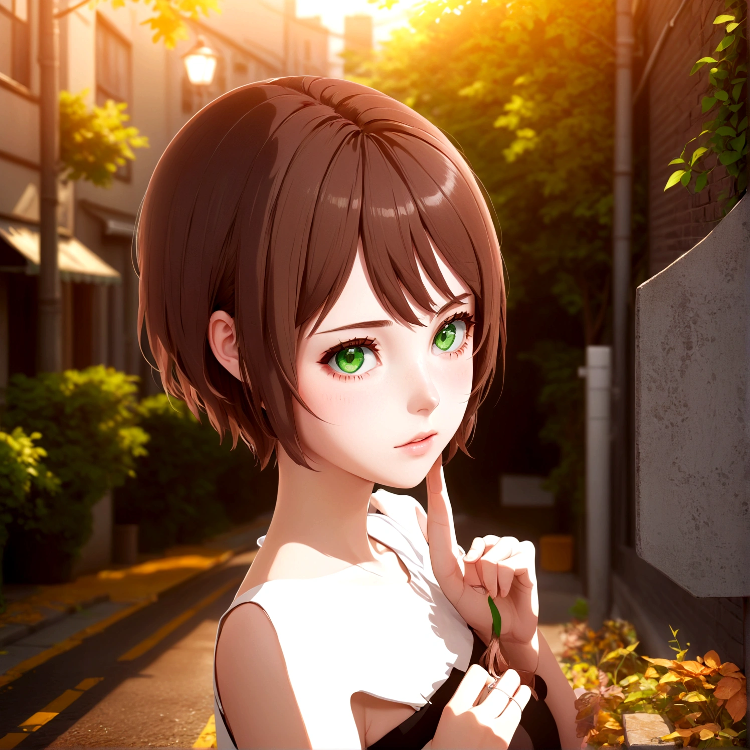 anime girl with brown hair and green eyes standing on a street, realistic anime 3 d style, smooth anime cg art, made with anime painter studio, anime style. 8K, anime. Soft lighting, anime styled 3d, semirealistic anime style, photorealistic anime girl render, painted in anime painter studio, realistic young anime girl, semi realistic anime