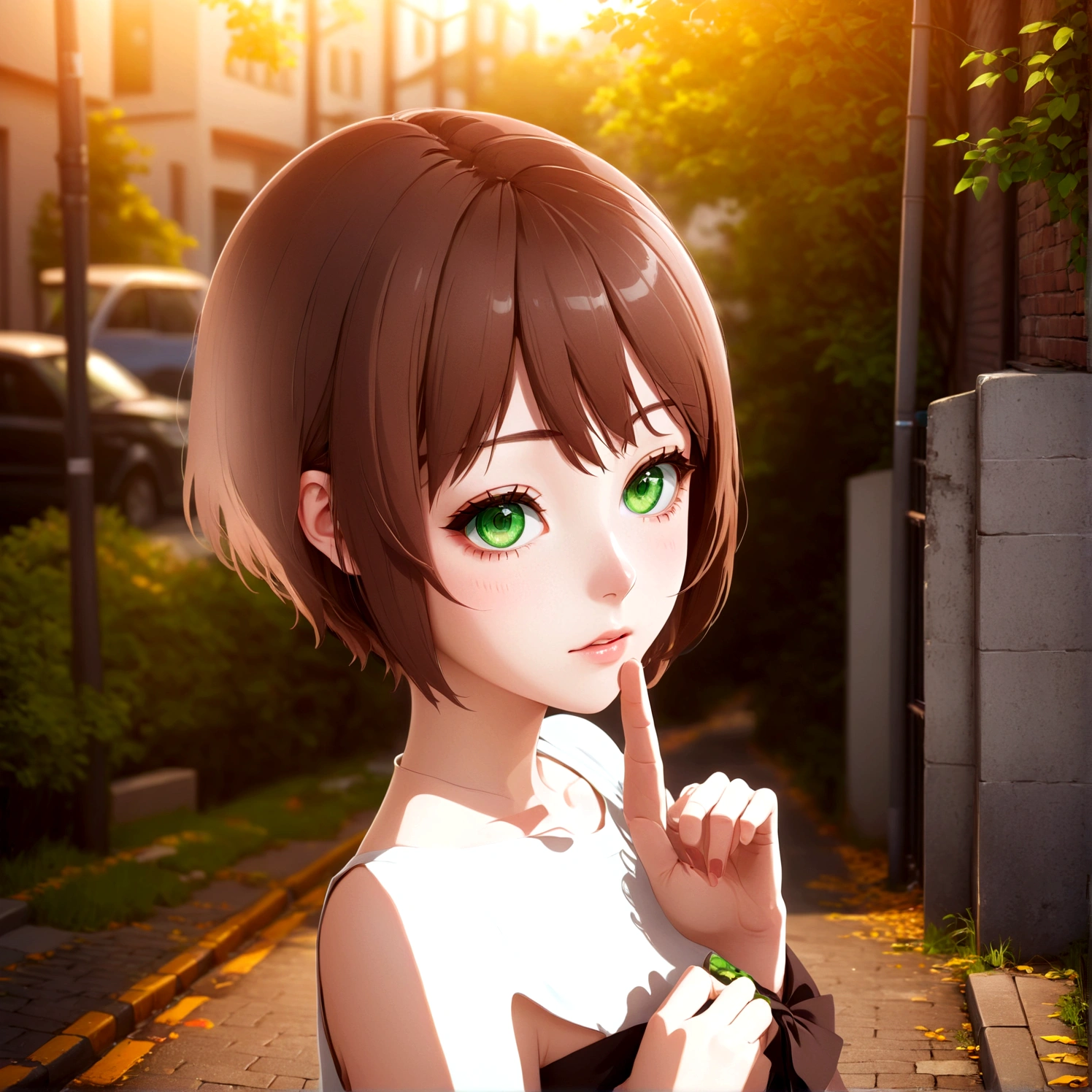 anime girl with brown hair and green eyes standing on a street, realistic anime 3 d style, smooth anime cg art, made with anime painter studio, anime style. 8K, anime. Soft lighting, anime styled 3d, semirealistic anime style, photorealistic anime girl render, painted in anime painter studio, realistic young anime girl, semi realistic anime