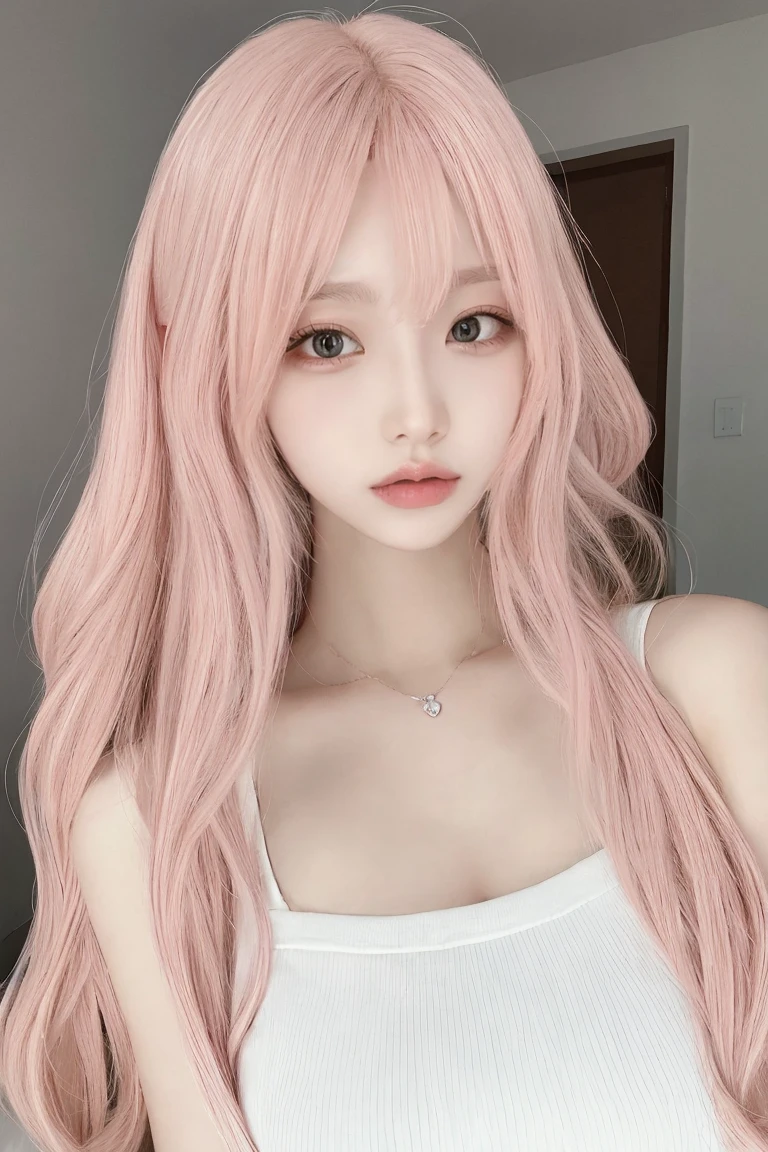 Pink Hair、masterpiece、Highest quality、Extremely detailed 8K、Ultra HD、Super detailed、Very detailed、Very realistic、Photo Real、Japanese、One Girl、High head rate、Beautiful realistic face、Realistic face in every detail、High detail, Realistic Hair、Beautiful and realistic hairstyles、Beautiful and realistic eyes、hVery detailed realistic eyes、Proportional eyes、HVery detailed pupils、Very detailedリアルな自然な眉毛、Very detailedリアルな唇、 Beautiful and realistic lips、Pink lipstick、Sexy lips、Realistic and well-proportioned breasts、Realistic medium sized breasts、Slim Abs、Very detailed皮膚、Upper body image、Black camisole、White shorts