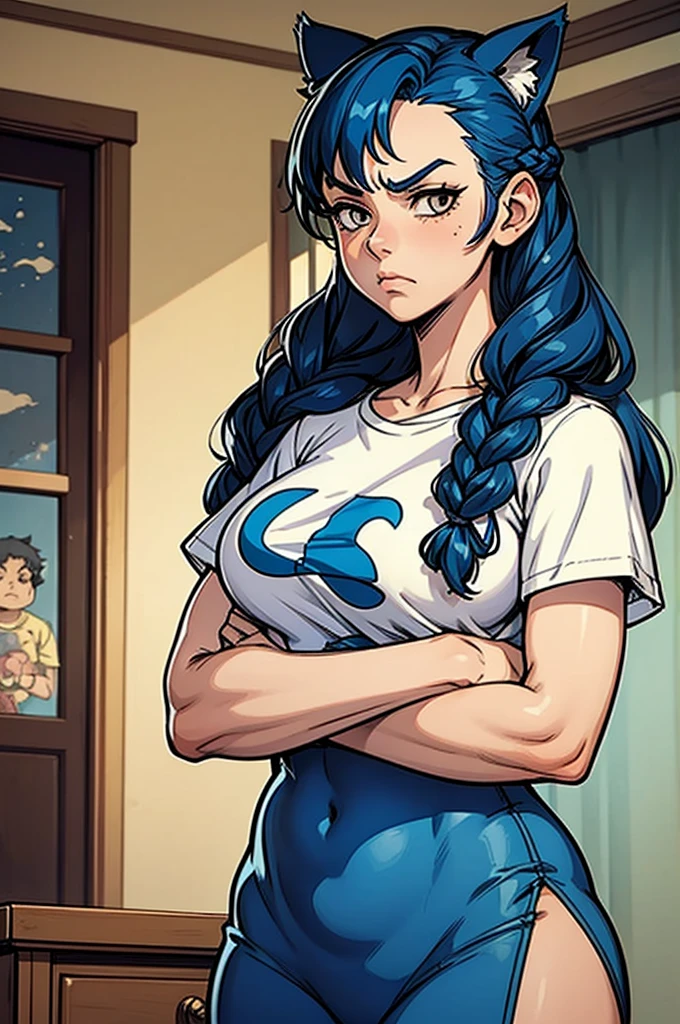 1 female, little cat girl, , oversized t-shirt, arms crossed under breo bottoms, hourglass figure, white eyes, french braid, blue hair, annoyed, cat ears, rococo style, Ghibli-like colours, in an apartment, best quality